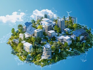 Poster - Innovative climate change mitigation community initiatives urban landscape infographic representation eco-friendly environment aerial viewpoint sustainable development concept