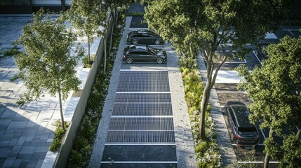 Wall Mural - Solar-powered parking lot, cars, trees, landscaping.