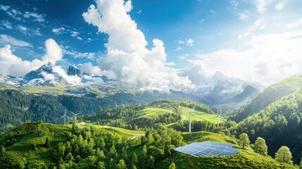 Poster - Sustainable energy solutions for climate change mitigation scenic mountains nature photography lush greenery panoramic view renewable resources