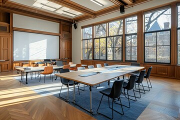 Poster - Collaborative learning space in a historic building educational setting modern design bright environment wide-angle view innovative concepts