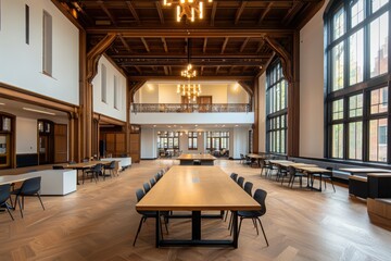 Poster - Collaborative learning space in historical building modern design open environment bright interior educational concept