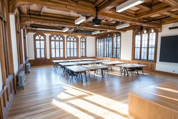 Poster - Collaborative learning space in a historical building modern classroom design educational environment bright and spacious innovative learning concept