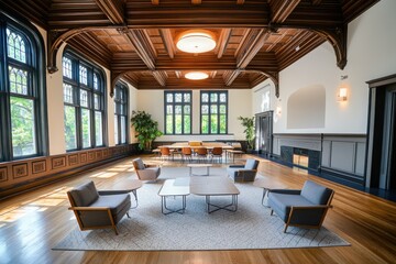 Aufkleber - Collaborative learning space in a historic building educational hub design layout bright environment wide-angled view inspiring atmosphere