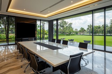 Poster - Collaborative learning space in a luxury villa private meeting room modern design natural surroundings wide-angle view innovative concept