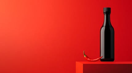 Poster - Bottle of hot sauce is placed on a red surface. The bottle is black and the background is a vibrant red color. The bottle and the red background create a bold and eye-catching contrast