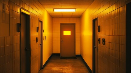 Poster - Illuminated hallway, tiled walls, doors, dim lighting.