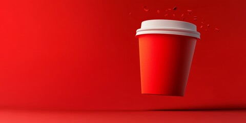 Poster - Red cup with a white lid is flying through the air. The cup is empty and has a few crumbs on it. The image has a playful and lighthearted mood, as if the cup is having a fun and carefree moment