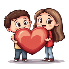 Poster - Cartoon boy and girl holding a large heart. isolated transparent background