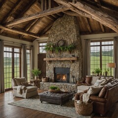 Rustic farmhouse living room with wooden beams, stone fireplace, and a rolling green meadow in the background.