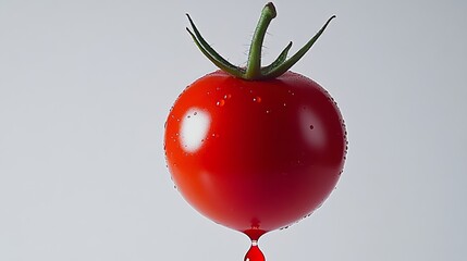 Wall Mural - Tomato is shown with a drop of red liquid dripping from it. Concept of freshness and natural beauty, as well as the idea of the tomato being a symbol of health and vitality