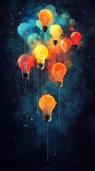 Wall Mural - Glowing lightbulbs floating in colorful nebula.