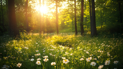 Wall Mural - Forest clearing bathed in golden light with wildflowers blooming and a distant stream shimmering in the sunlight 