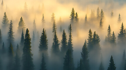 Wall Mural - Misty forest with tall pine trees and a soft golden light breaking through the dense fog 