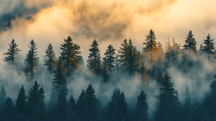 Wall Mural - Misty forest with tall pine trees and a soft golden light breaking through the dense fog 