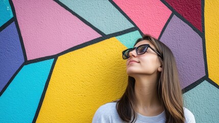 Young woman gazing upwards against a vibrant, colorful mural.