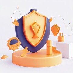 Poster - A vibrant orange and navy blue digital shield symbolizing security and protection in technology.