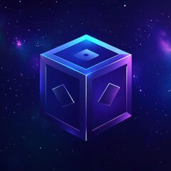 Poster - A futuristic glowing cube in a cosmic space setting, radiating vibrant purple and blue hues.