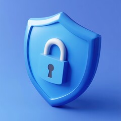 Poster - A 3D representation of a blue shield with a white padlock, symbolizing security and protection.