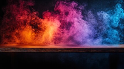 Poster - A dark background provides a striking contrast to vibrant, colorful smoke that billows up from an empty wooden table in a captivating stock photo, Hd image