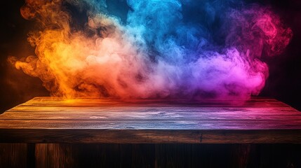 Poster - A dark background provides a striking contrast to vibrant, colorful smoke that billows up from an empty wooden table in a captivating stock photo, Hd image