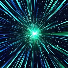 Poster - Dynamic abstract explosion of blue and green light particles radiating from a central point.