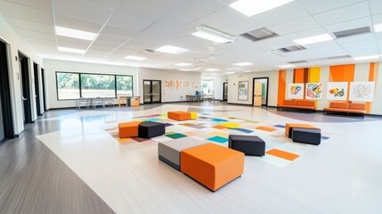 Poster - Collaborative learning space with art therapy activities community center interior design creative environment open layout engagement concept