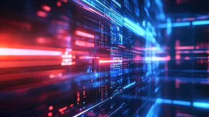 Fototapete - Abstract Digital Data Stream: Futuristic Technology Background with Red and Blue Neon Lines and Glowing Code