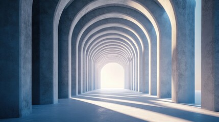 Poster - A serene, modern architectural passage with soft blue tones and glowing light at the end.