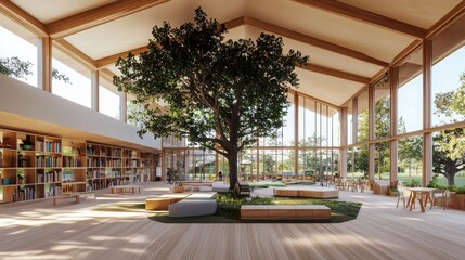 Poster - Sustainable collaborative learning space green building interior design nature-inspired environment panoramic view eco-friendly concept