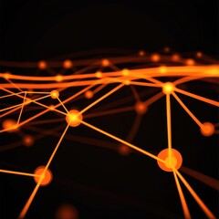 Fototapete - Abstract digital network in vibrant orange, showcasing interconnected nodes and lines on a dark background.