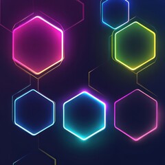 Poster - Vibrant abstract hexagonal shapes with neon glowing edges on a dark background.