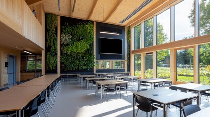 Poster - Innovative collaborative learning space fostering sustainability modern educational facility bright and airy environment indoor greenery engaging concept