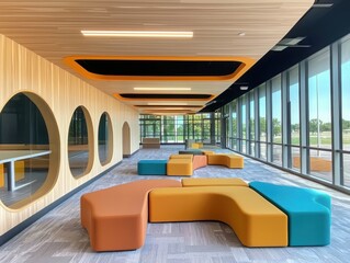 Poster - Collaborative learning space design for cross-functional teams modern office interior photography open environment wide-angle view innovation and creativity