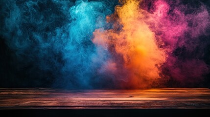 Poster - A dark background provides a striking contrast to vibrant, colorful smoke that billows up from an empty wooden table in a captivating stock photo, Hd image