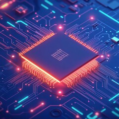 Poster - A high-tech microprocessor surrounded by vibrant circuitry, glowing with neon blue and orange lights.