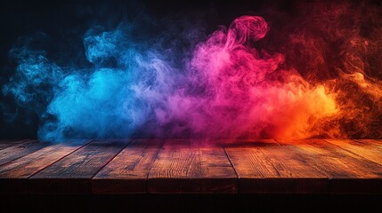 Poster - A dark background provides a striking contrast to vibrant, colorful smoke that billows up from an empty wooden table in a captivating stock photo, Hd image