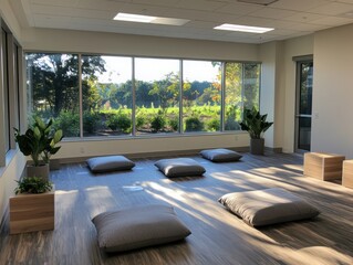 Poster - Mindfulness exercises in a collaborative learning space indoor environment tranquil viewpoint promoting wellness and focus