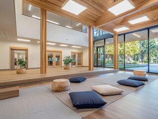Poster - Mindfulness exercises in a collaborative learning space modern architecture indoor environment tranquil viewpoint wellness concept