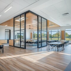 Poster - Innovative collaborative learning space with movable walls modern educational facility bright interior open environment wide-angle view adaptive design for diverse learning needs