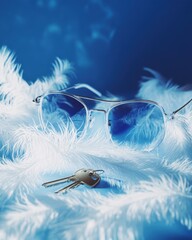 Poster - Stylish clear sunglasses resting on soft white feathers with a set of keys nearby, creating a dreamy vibe.