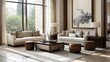 © Magnetix Art - Elegant Modern Living Room Interior Design with Beige Sofa, Wooden Accents, and Large Windows