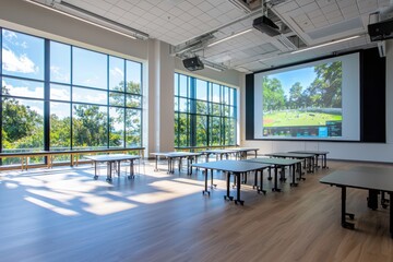 Poster - Interactive collaborative learning space modern educational facility interior design bright environment wide angle view innovative approach
