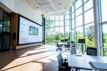 Poster - Interactive learning environment for collaborative discussions in modern architecture open space educational setting bright natural light