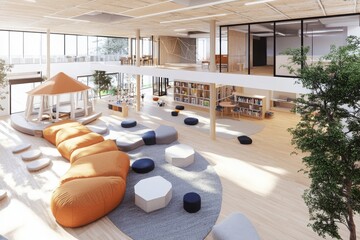 Poster - Innovative collaborative learning space incorporating sensory stimulation modern educational facility interior design bright environment wide angle creative engagement
