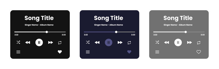 Music player UI and UX set with three simple style designs showing Profile, Album, Song, and Playlist mockups, perfect for app screens. Vector illustration.