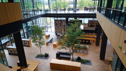 Poster - Innovative collaborative learning space modern library setting interior design open environment aerial view contemporary education concept
