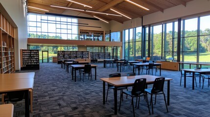 Aufkleber - Collaborative learning space in a modern library community center interior design bright environment wide-angle view innovative study concept