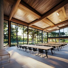 Poster - Collaborative learning space in a national park modern architecture natural environment open design bright views educational concept