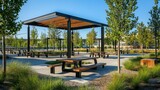 Modern picnic area, shaded tables, landscaped setting.