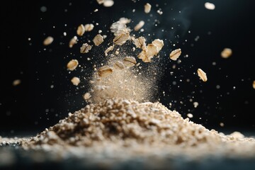 close-up of oats exploding in mid-air, capturing the dynamic motion and texture of the grains.